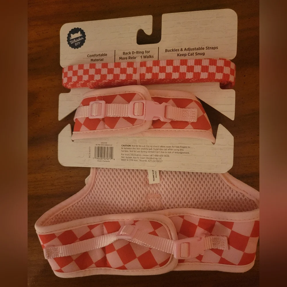 Cat Vest Harness & Leash - Pink Checkered